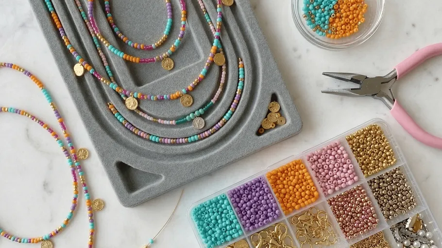 Beaded necklaces on tray with tools nearby.