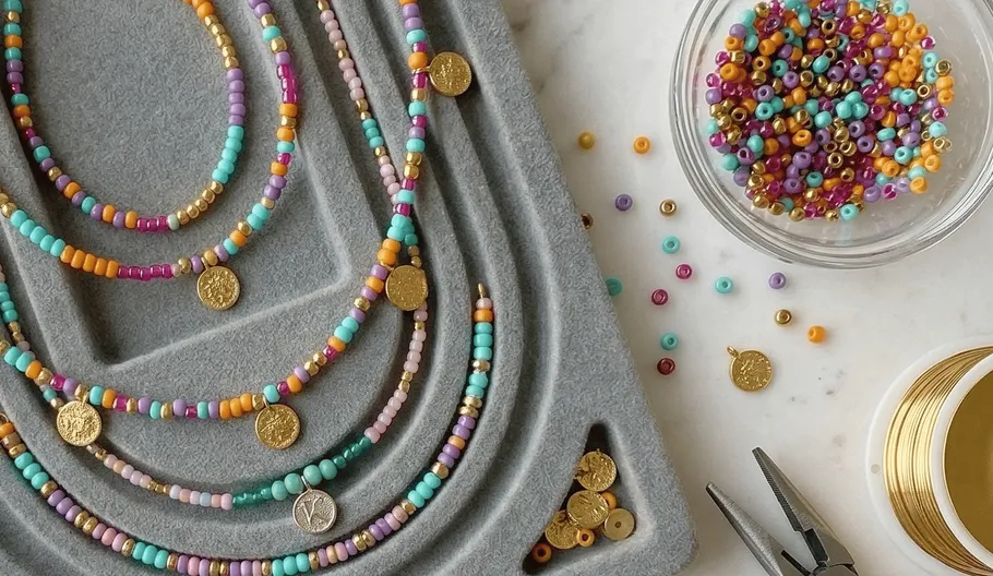 Bunte Perlenketten mit Goldmünzen auf Tablett.