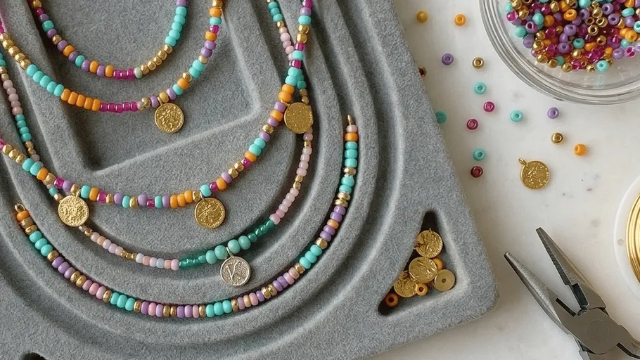 Colorful beaded necklaces with gold coins on tray.