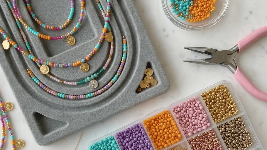Beaded necklaces on tray with pliers nearby.