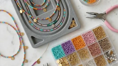 Beads and tools for jewelry making on table.