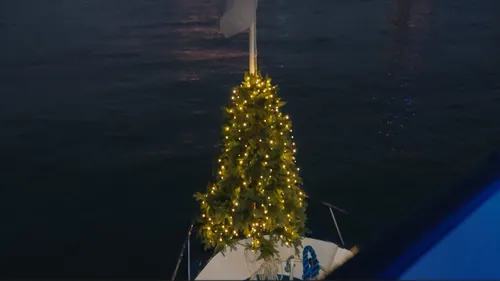 Christmas tree with lights on boat at night.