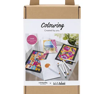 Coloring kit box with art supplies displayed.