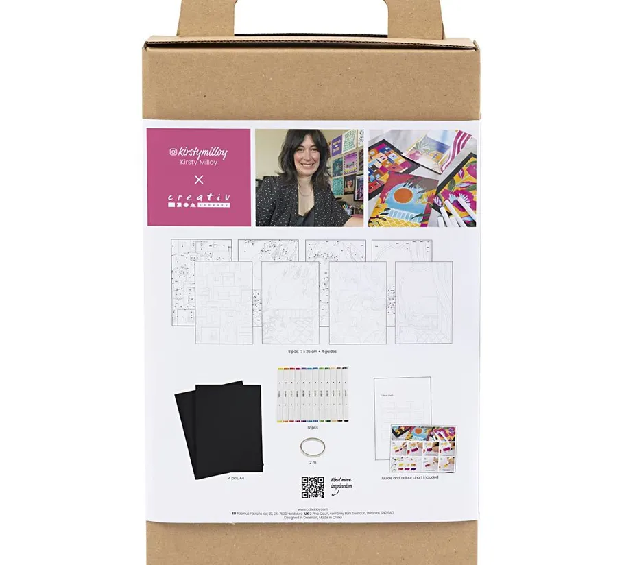 Cardboard box with art supplies, woman pictured.