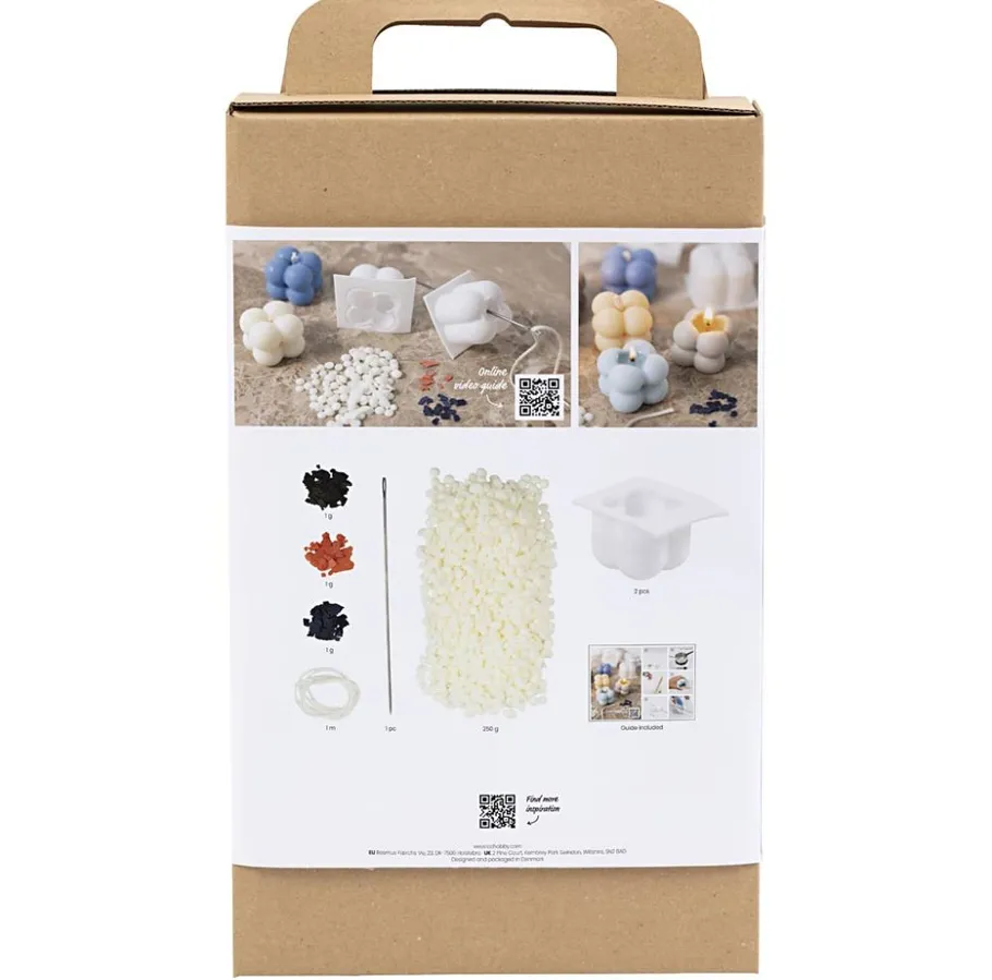 Candle making kit packaging with materials displayed.