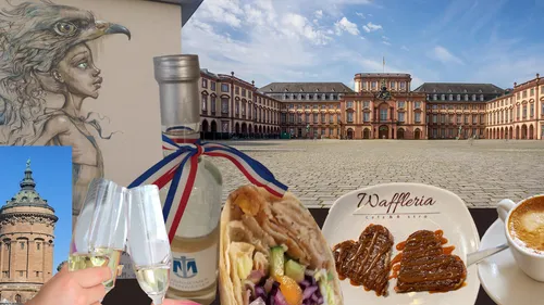 Collage von Mannheimer Wahrzeichen, Essen und Getränken.