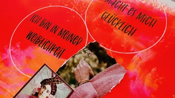 Roten Hintergrund mit Text und Fotos von Frauen.