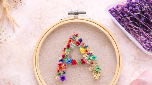 Stickrahmen mit floralem Buchstaben 'A'.