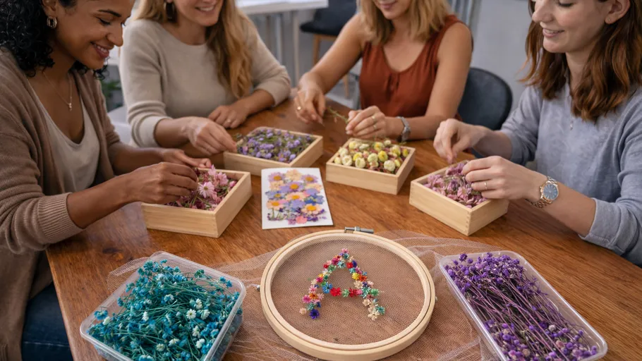 Women crafting with dried flowers at a table.