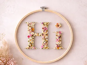 Blumen 'Hi' im Stickrahmen an Wand.