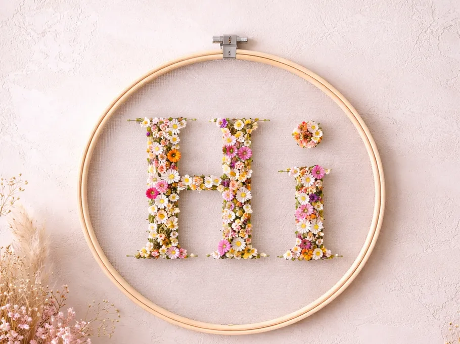 Floral 'Hi' in embroidery hoop on wall.