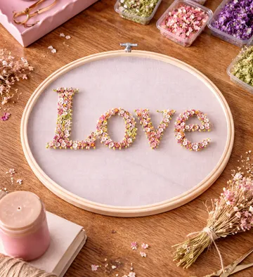 Stickrahmen mit 'Love' aus Blumen gemacht.