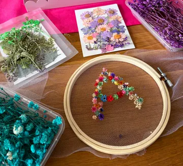 Stickrahmen mit floralem Buchstaben A, umgeben von Blumen.