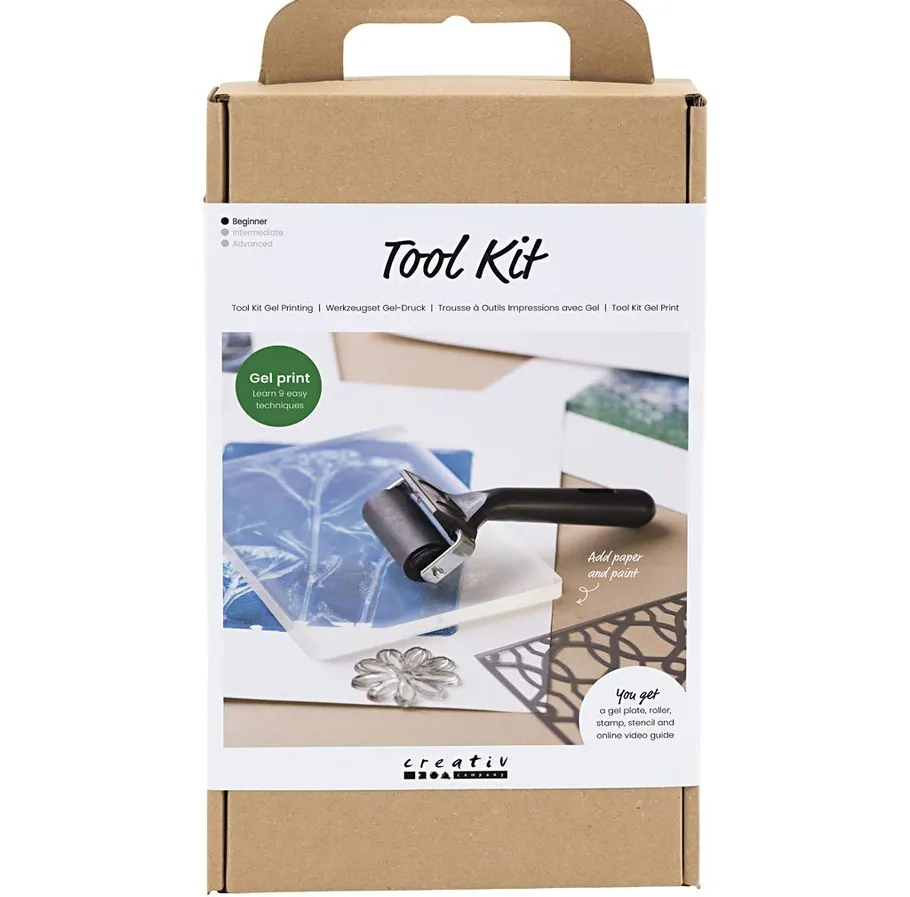 Gel-Druck-Werkzeugset mit Rolle auf Box.