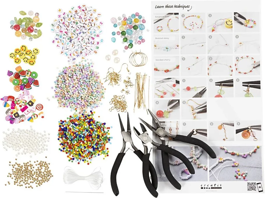 Beads, tools, and instructions for jewelry making.