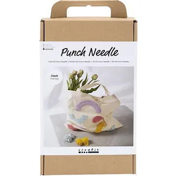 Bastelset-Verpackung mit einem Punch-Needle-Einkaufsbeutel.