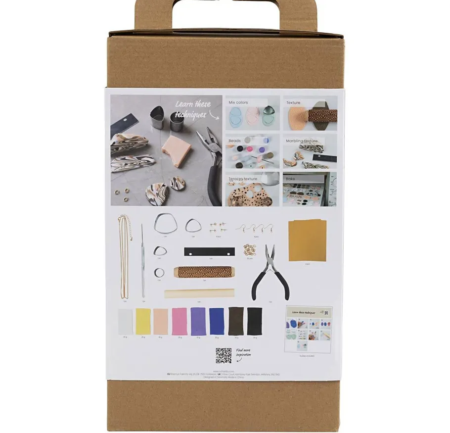 Jewelry-making kit box with tools and instructions.