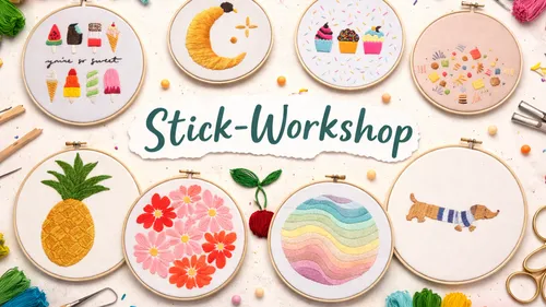 Colorful embroidery hoops with various designs.