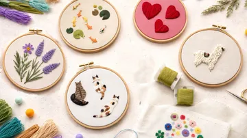 Embroidery hoops with various designs and threads.