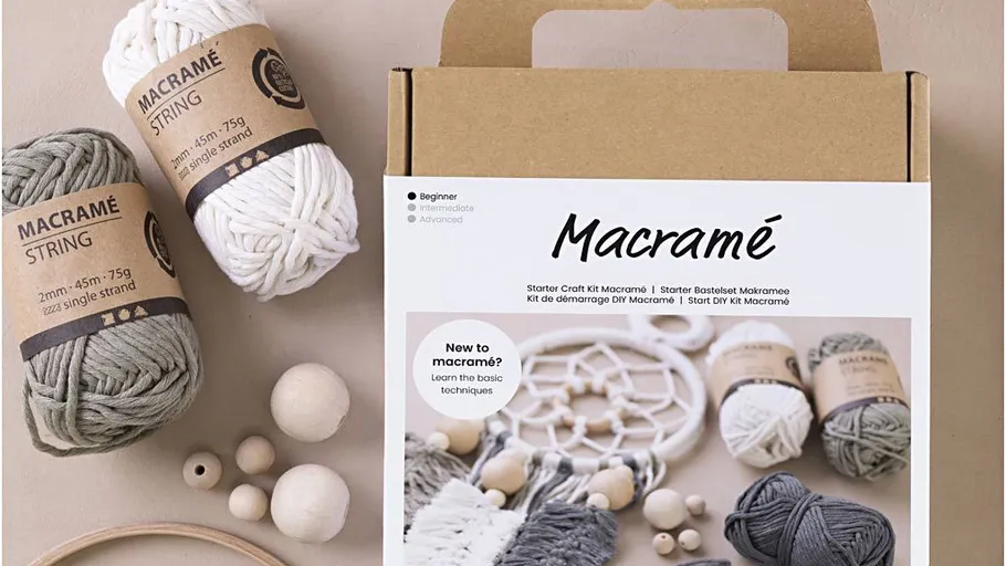 Macramé kit and string on a table.