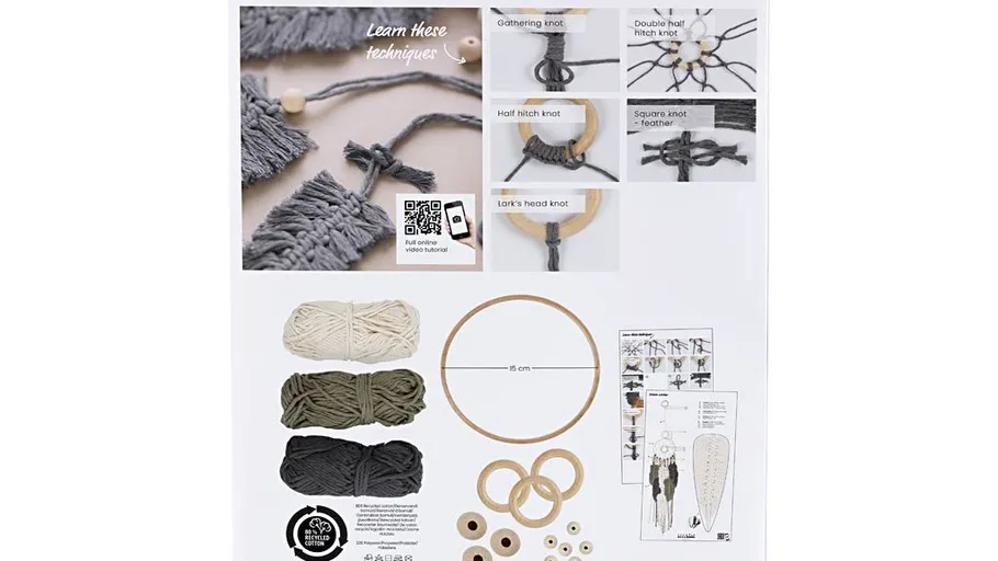 Macrame kit with yarn and instructions displayed.