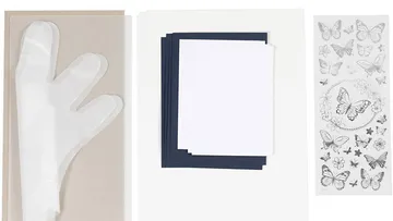 Papiere, Handschuhe und Schmetterlingsaufkleber.