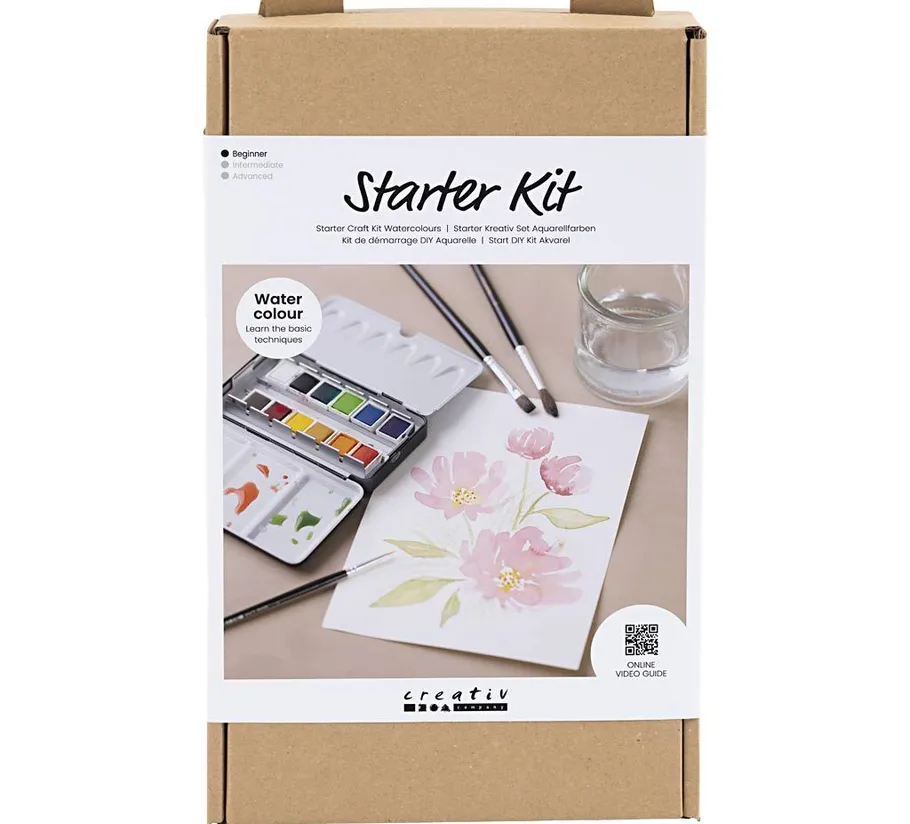 Watercolor starter kit with paints, brushes, paper.