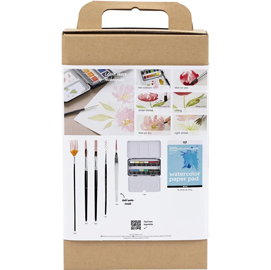 Rückseite einer Aquarellbox mit Pinseln und Techniken.
