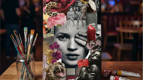 Collage mit diversen Bildern und Kunstmaterialien.