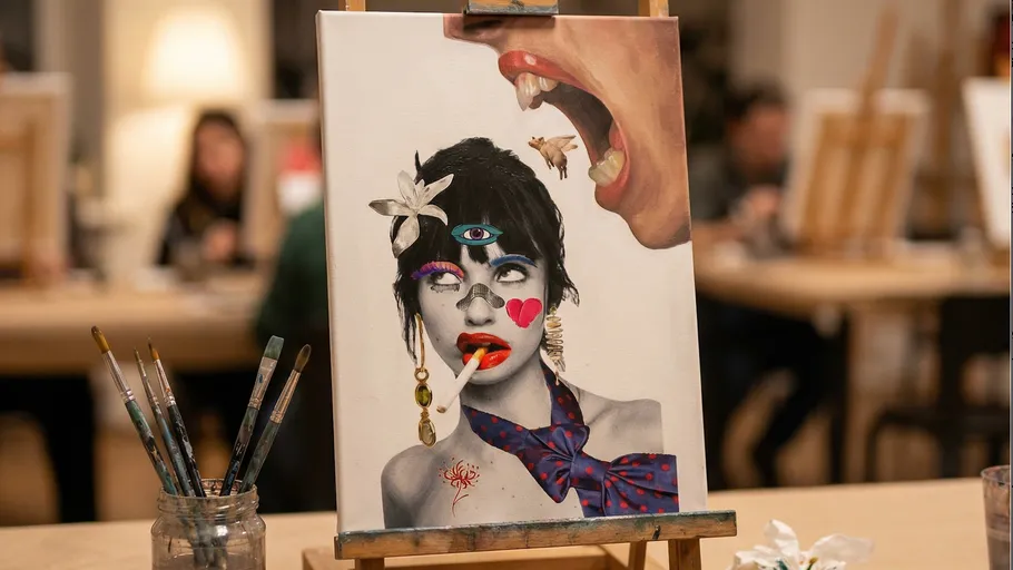 Surreal painting on easel in art studio.