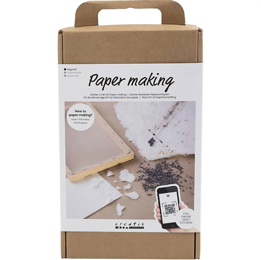 Paper making kit box with tutorial image.