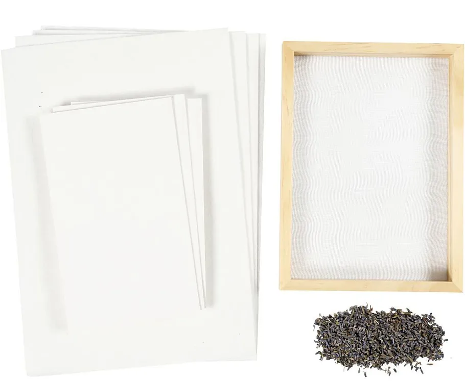 Papers, wooden frame, dried lavender, white background.