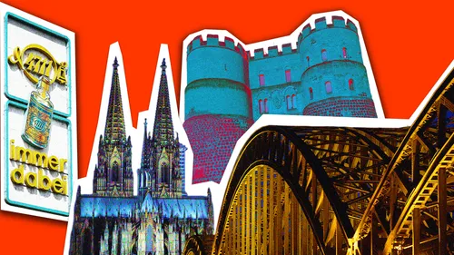 Collage von Kölner Wahrzeichen auf rotem Hintergrund.