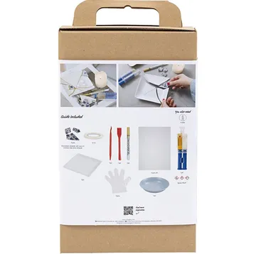 Bastelset-Verpackung mit Inhalt und Anleitungen.