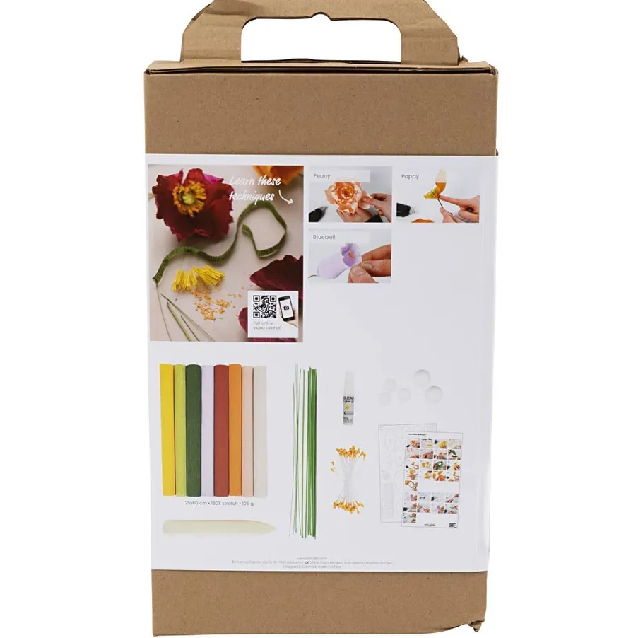 Craft kit box with flower-making materials.