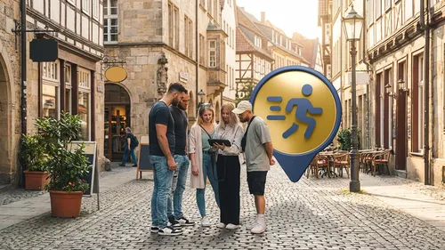 Gruppe nutzt Tablet auf Kopfsteinpflasterstraße.
