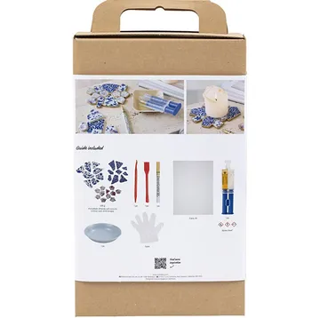 Mosaik-Untersetzer-Set-Verpackung mit enthaltenen Gegenständen.