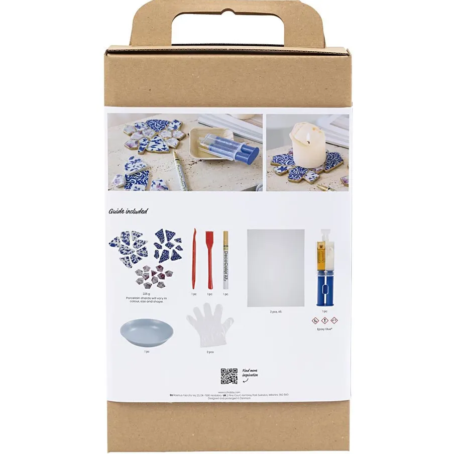 Mosaic coaster kit packaging with included items.