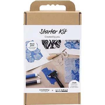 Blockdruck-Startpaket mit Werkzeugen und Drucken.