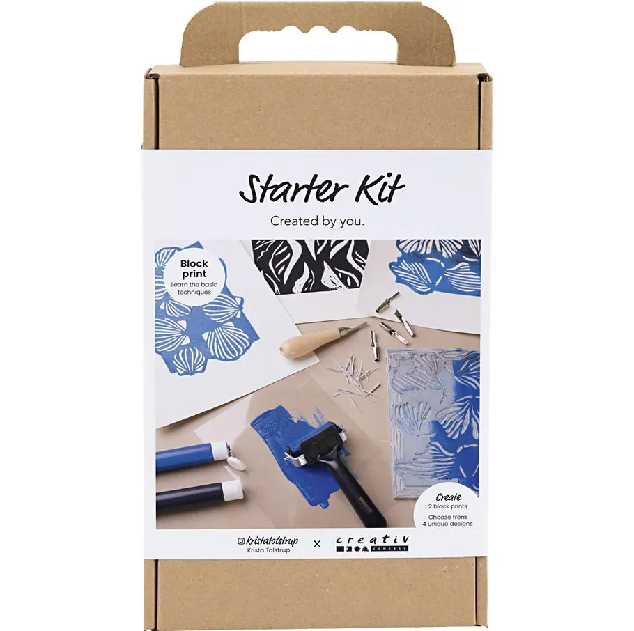 Blockdruck-Startpaket mit Werkzeugen und Drucken.