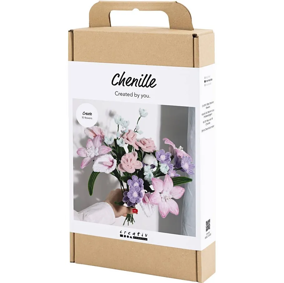 Bastelset-Box mit buntem Blumenstrauß.