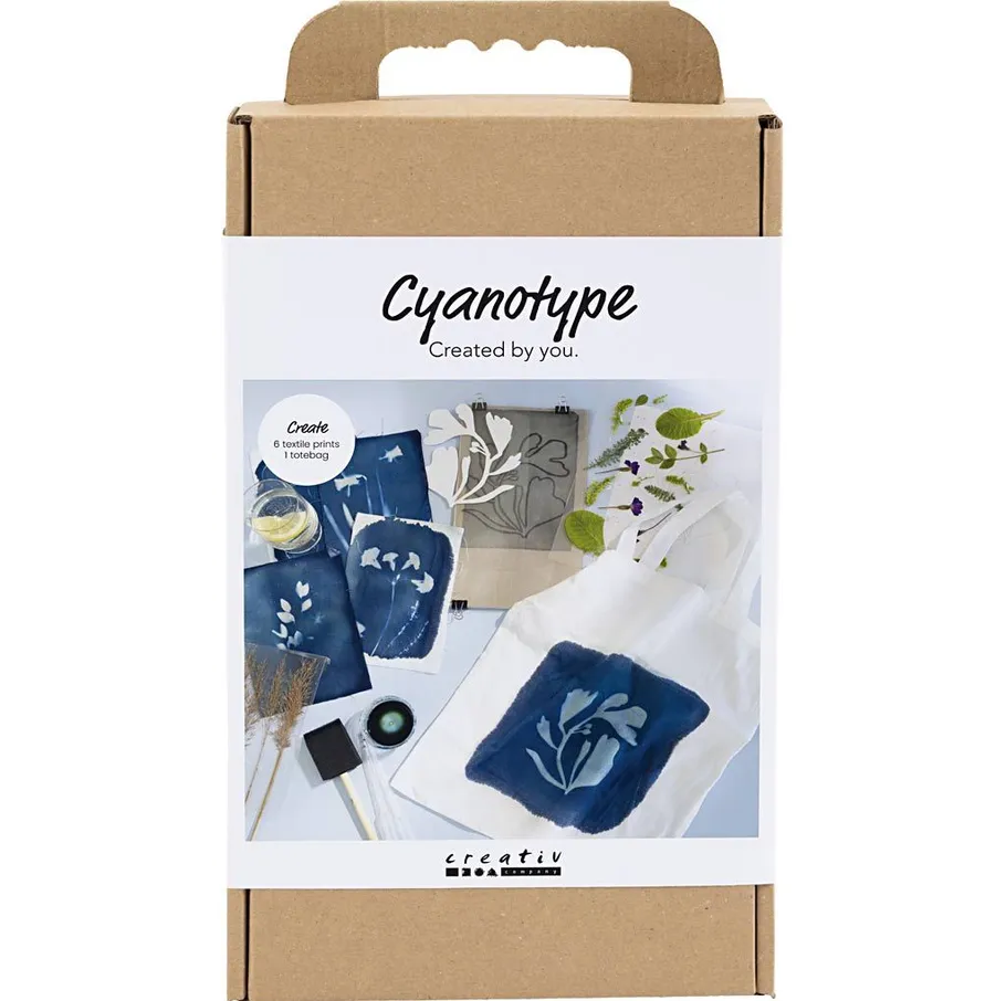 Cyanotypie-Kitbox zum Erstellen von Textildrucken.