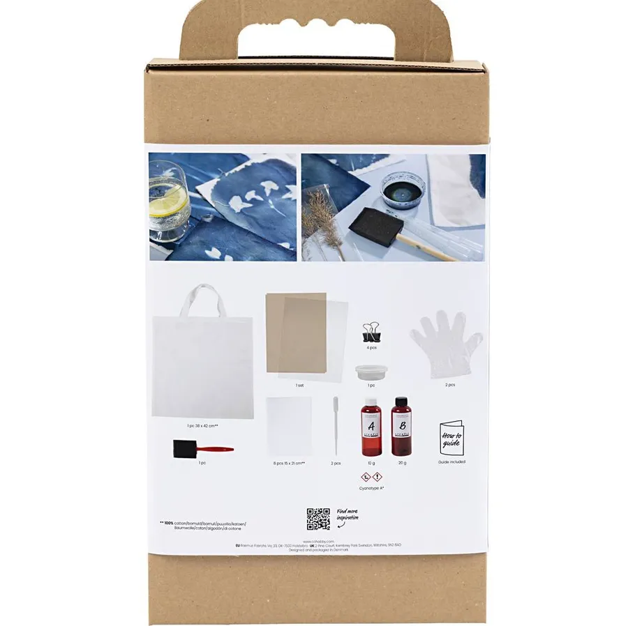 Bastelset-Verpackung mit Materialdiagramm und Fotos.