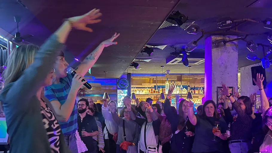 People singing and raising hands in a bar.