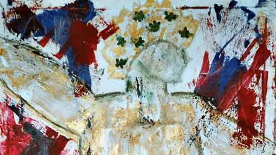 Abstract painting with bold, colorful brushstrokes.