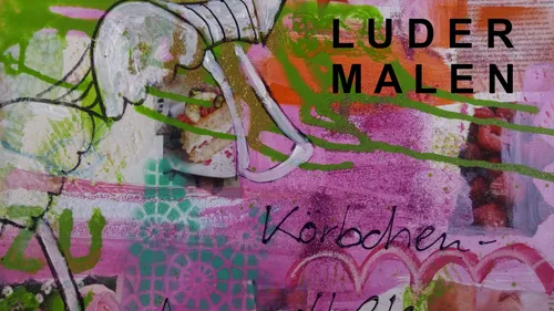 Colorful abstract painting with text overlay.