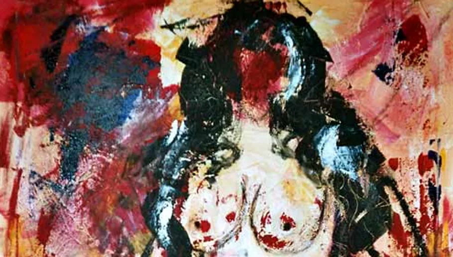 Abstract painting of a woman's torso with colors.