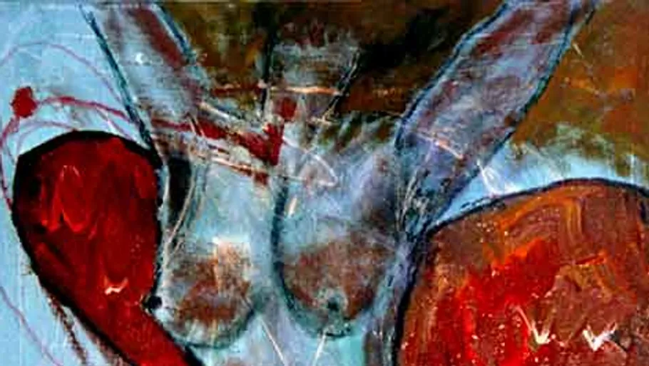 Abstract painting with red and blue shapes.