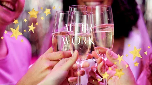 People clinking champagne glasses joyfully with stars.