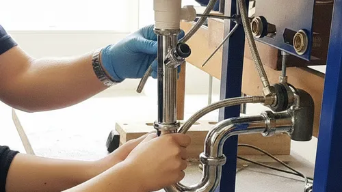Person fixing pipes under a sink.